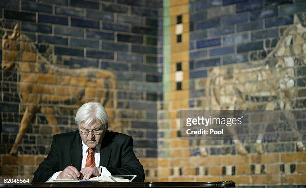 German Foreign Minister Frank-Walter Steinmeier during his visit to a special exhibition "Babylon - Myth and Truth" at the Pergamo museum on July 23,...