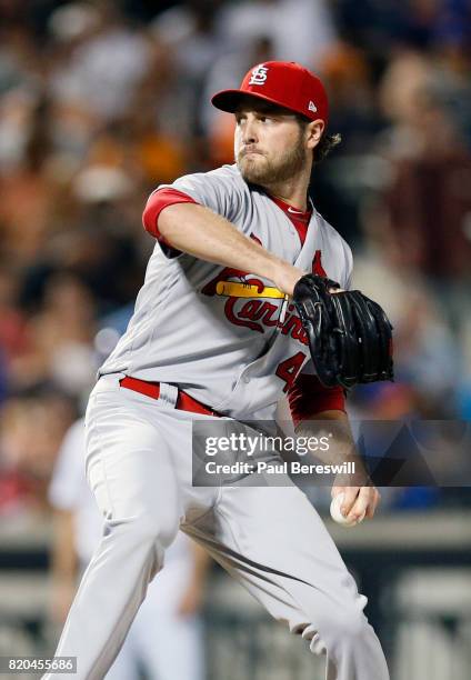 Reliever Kevin Siegrist of the St. Louis Cardinals pitches in the ninth inning of an MLB baseball game against the New York Mets on July 17, 2017 at...