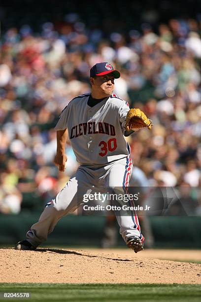 Masahide Kobayashi of the Cleveland Indians pitches against the Seattle Mariners on July 19, 2008 at Safeco Field in Seattle, Washington.