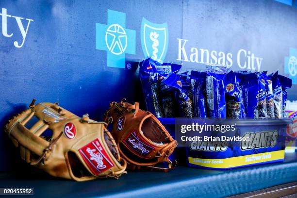 The visitor's dugout is stocked with sunflower seeds and ready to go before the Chicago White Sox take on the Kansas City Royals at Kauffman Stadium...