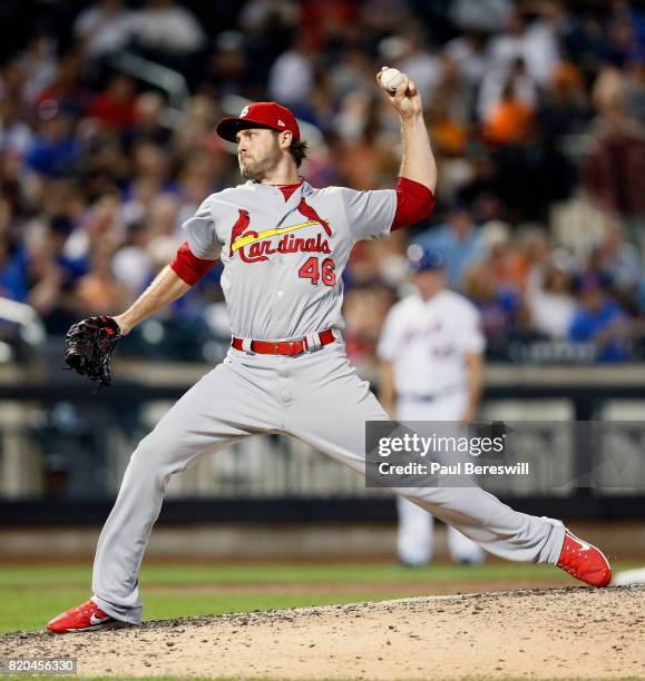 Reliever Kevin Siegrist of the St. Louis Cardinals pitches in the ninth inning of an MLB baseball game against the New York Mets on July 17, 2017 at...