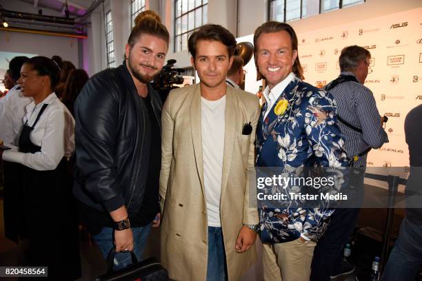 Justus Toussis, Luca Bazzanella and Sandro Rath attend the Breuninger show during Platform Fashion July 2017 at Areal Boehler on July 21, 2017 in...