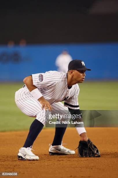 Alex Rodriguez of the American League All-Stars gets set against the National League All-Stars during the 79th MLB All-Star Game at Yankee Stadium on...