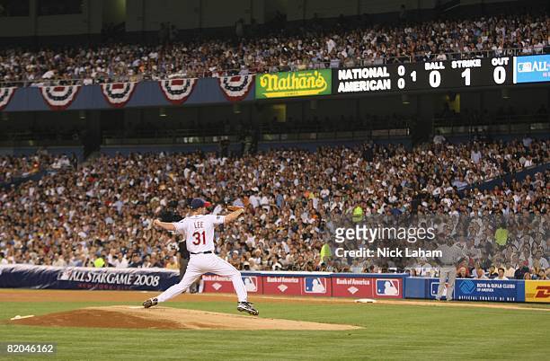 Pitcher Cliff Lee the National League All-Stars throws against the American League All-Stars during the 79th MLB All-Star Game at Yankee Stadium on...
