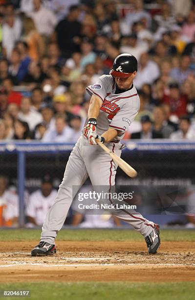 Chipper Jones of the National League All-Stars at bat against the American League All-Stars during the 79th MLB All-Star Game at Yankee Stadium on...