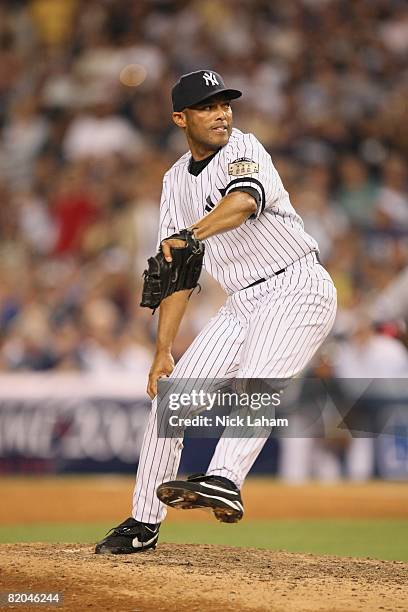 Mariano Rivera of the American League All-Stars throws against the National League All-Stars during the 79th MLB All-Star Game at Yankee Stadium on...