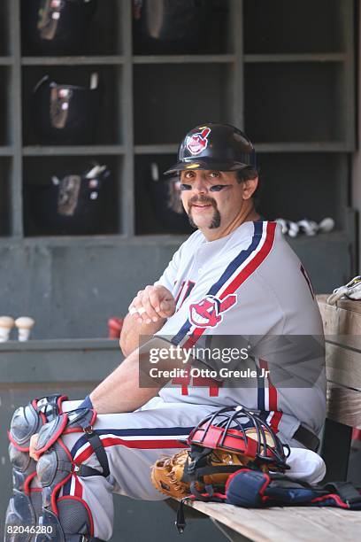 Sal Fasano of the Cleveland Indians looks on against the Seattle Mariners on July 19, 2008 at Safeco Field in Seattle, Washington.