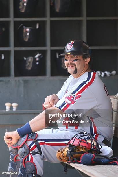 Sal Fasano of the Cleveland Indians looks on against the Seattle Mariners on July 19, 2008 at Safeco Field in Seattle, Washington.