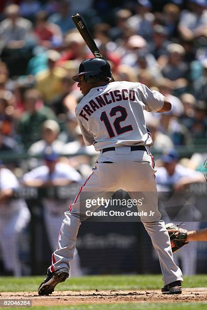 Ben Francisco of the Cleveland Indians bats against the Seattle Mariners on July 19, 2008 at Safeco Field in Seattle, Washington.