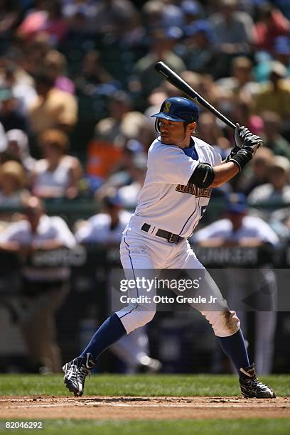 Ichiro Suzuki of the Seattle Mariners bats against the Cleveland Indians on July 19, 2008 at Safeco Field in Seattle, Washington.