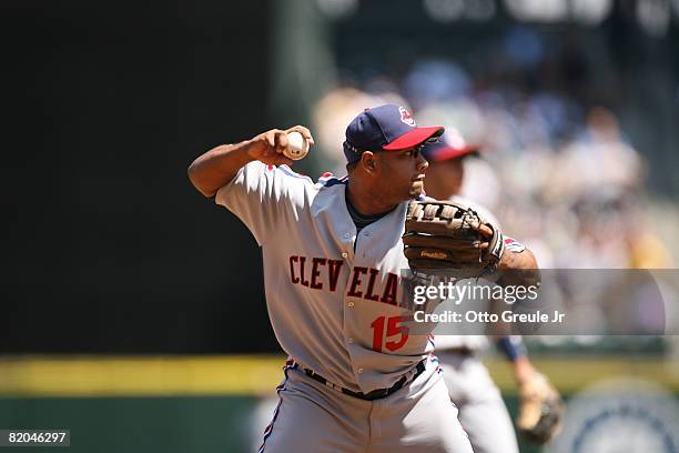 Andy Marte of the Cleveland Indians throws against the Seattle Mariners on July 19, 2008 at Safeco Field in Seattle, Washington.