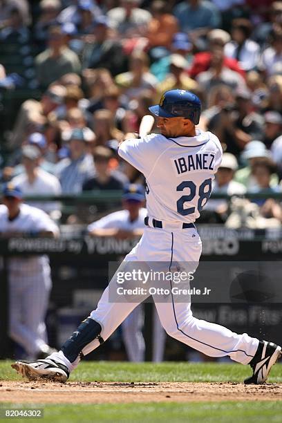 Raul Ibanez of the Seattle Mariners bats against the Cleveland Indians on July 19, 2008 at Safeco Field in Seattle, Washington.