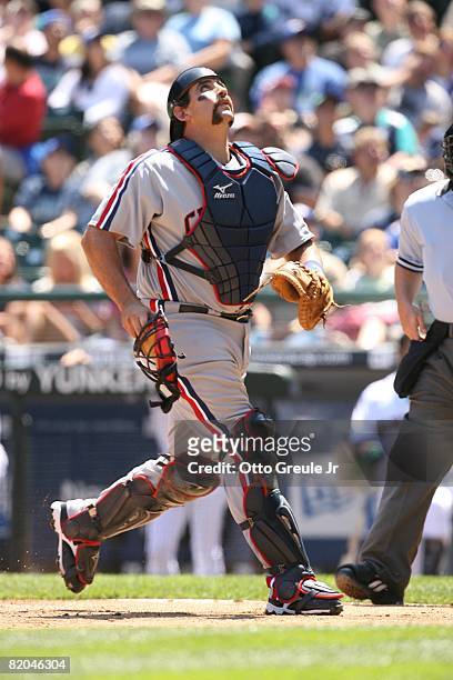 Sal Fasano of the Cleveland Indians gets under a pop up against the Seattle Mariners on July 19, 2008 at Safeco Field in Seattle, Washington.