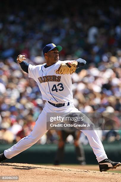 Miguel Batista of the Seattle Mariners pitches against the Cleveland Indians on July 19, 2008 at Safeco Field in Seattle, Washington.