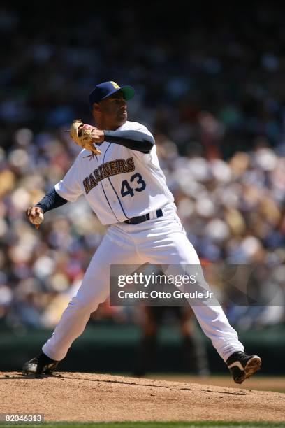 Miguel Batista of the Seattle Mariners pitches against the Cleveland Indians on July 19, 2008 at Safeco Field in Seattle, Washington.