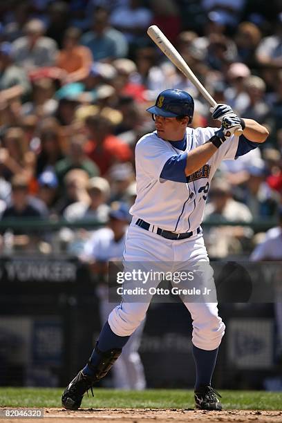 Bryan LaHair of the Seattle Mariners bats against the Cleveland Indians on July 19, 2008 at Safeco Field in Seattle, Washington.