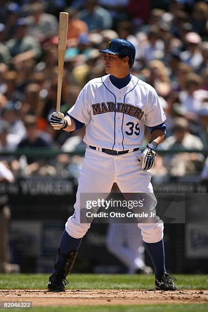 Bryan LaHair of the Seattle Mariners bats against the Cleveland Indians on July 19, 2008 at Safeco Field in Seattle, Washington.