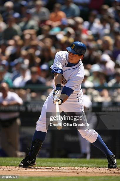 Bryan LaHair of the Seattle Mariners bats against the Cleveland Indians on July 19, 2008 at Safeco Field in Seattle, Washington.