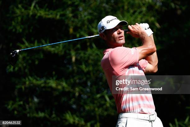 Shawn Stefani of the United States plays his shot from the second tee during the second round of the Barbasol Championship at the Robert Trent Jones...