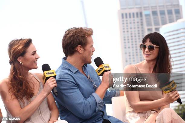 Actors Sophie Skelton, Sam Heughan and Caitriona Balfe on the #IMDboat at San Diego Comic-Con 2017 at The IMDb Yacht on July 21, 2017 in San Diego,...