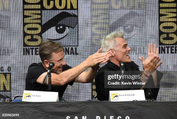Actors Tim Roth and Dana Ashbrook speak onstage at Comic-Con International 2017 Twin Peaks: A Damn Good Panel at San Diego Convention Center on July...