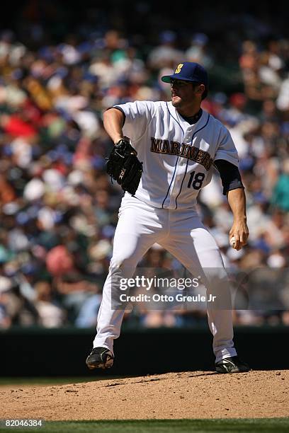 Ryan Rowland-Smith of the Seattle Mariners pitches against the Cleveland Indians on July 19, 2008 at Safeco Field in Seattle, Washington.