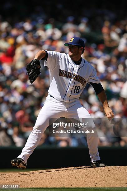 Ryan Rowland-Smith of the Seattle Mariners pitches against the Cleveland Indians on July 19, 2008 at Safeco Field in Seattle, Washington.