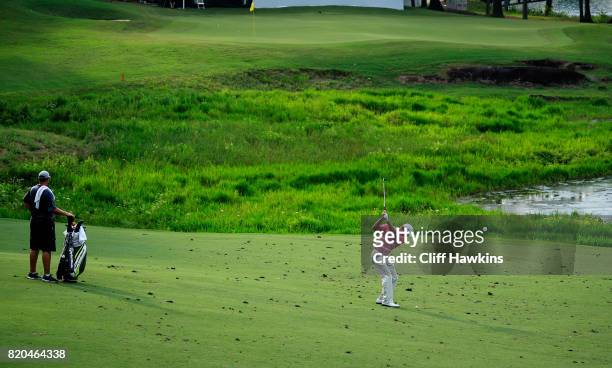 Shawn Stefani of the United States plays a shot on the seventh hole during the second round of the Barbasol Championship at the Robert Trent Jones...