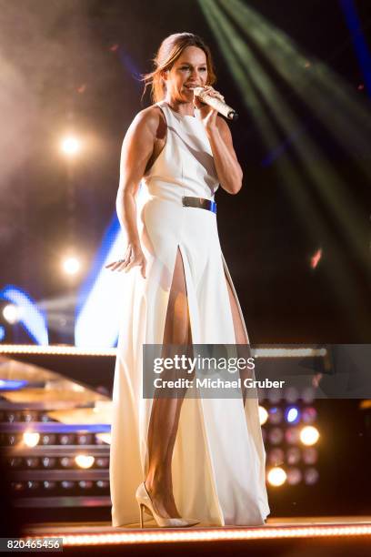 Singer Andrea Berg performs on stage during the rehearsal for the 'Starnacht am Woerthersee' at Woertherseebuehne on July 21, 2017 in Klagenfurt,...