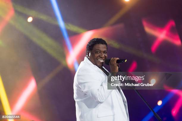 Singer Sydney Youngblood performs on stage during the rehearsal for the 'Starnacht am Woerthersee' at Woertherseebuehne on July 21, 2017 in...