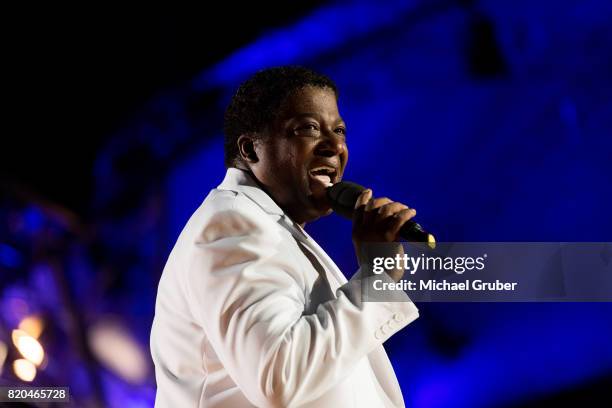 Singer Sydney Youngblood performs on stage during the rehearsal for the 'Starnacht am Woerthersee' at Woertherseebuehne on July 21, 2017 in...