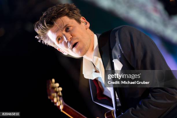 Singer Norbert Schneider performs on stage during the rehearsal for the 'Starnacht am Woerthersee' at Woertherseebuehne on July 21, 2017 in...