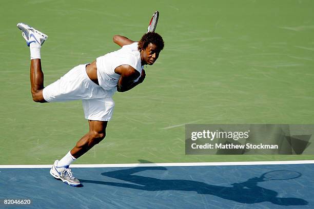 Gael Monfils of France serves to Igor Andreev of Russia during the Rogers Cup at the Rexall Centre at York University July 22, 2008 in Toronto,...