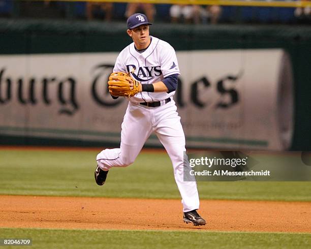 Infielder Evan Longoria of the Tampa Bay Rays fields an infield ball against the Oakland Athletics July 23, 2008 at Tropicana Field in St....