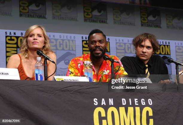 Actors Kim Dickens, Colman Domingo and Frank Dillane from "Fear The Walking Dead" at the Hall H panel with AMC at San Diego Comic-Con International...