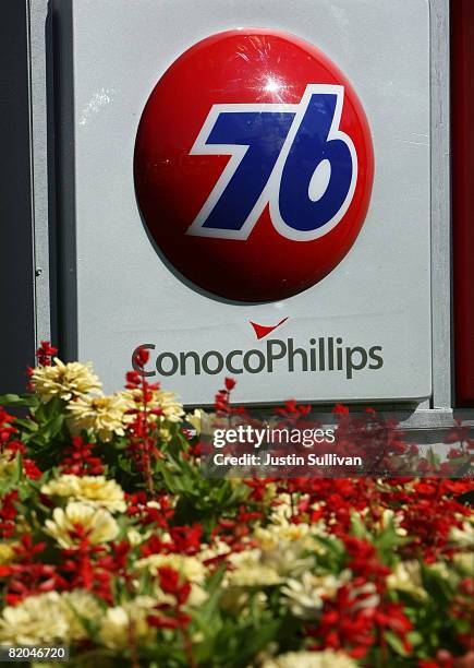 Sign is displayed at a Conoco Phillips Union 76 gasoline station July 23, 2008 in San Anselmo, California. Conoco Phillips reported a surge in second...