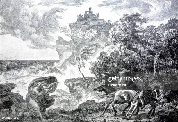 macbeth and the witches, on horses, in nature, stormy weather - 16th century stock illustrations stock illustrations