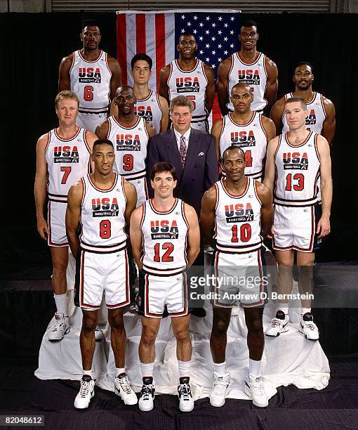 The original Olympic Dream Team pose for a group photo from back row Patrick Ewing, Christian Laetner, Magic Johnson, David Robinson and Karl Malone....