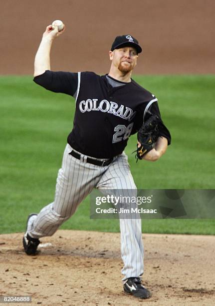 Aaron Cook of the Colorado Rockies pitches against the New York Mets on July 11, 2008 at Shea Stadium in the Flushing neighborhood of the Queens...