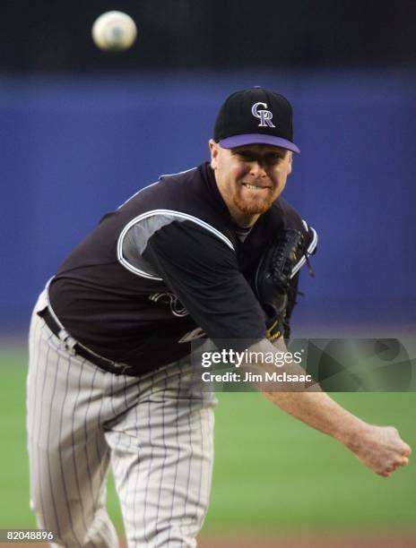 Aaron Cook of the Colorado Rockies pitches against the New York Mets on July 11, 2008 at Shea Stadium in the Flushing neighborhood of the Queens...