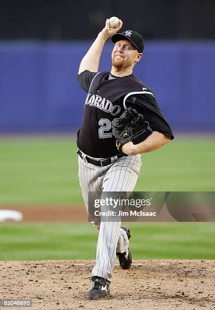 Aaron Cook of the Colorado Rockies pitches against the New York Mets on July 11, 2008 at Shea Stadium in the Flushing neighborhood of the Queens...