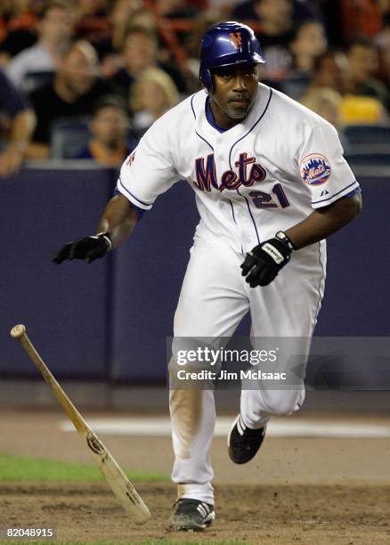 Carlos Delgado of the New York Mets bats against the Colorado Rockies on July 11, 2008 at Shea Stadium in the Flushing neighborhood of the Queens...