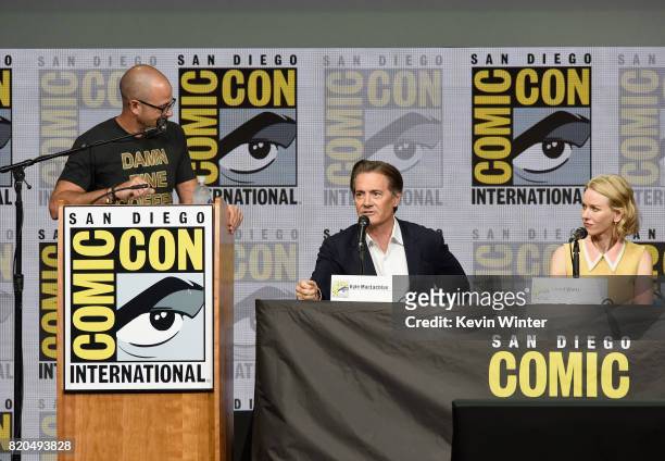 Moderator Damon Lindelof, actors Kyle MacLachlan and Naomi Watts attend "Twin Peaks: A Damn Good Panel" during Comic-Con International 2017 at San...