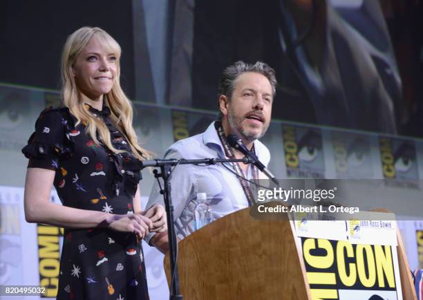 Moderators Riki Lindhome and John Ross Bowie speak onstage at Comic-Con International 2017 "The Big Bang Theory" panel at San Diego Convention Center...