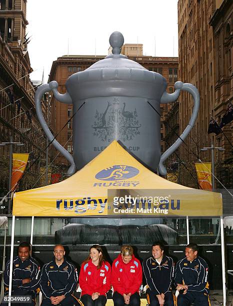 Players from the Wallabies and the Sydney Swifts are interviewed during the Bledisloe Cup Roadshow at Martin Place on July 24, 2008 in Sydney,...