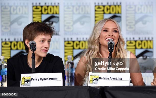 Actors Percy Hynes White and Natalie Alyn Lind speak onstage at Comic-Con International 2017 "The Gifted" Extended Sneak Peek at San Diego Convention...