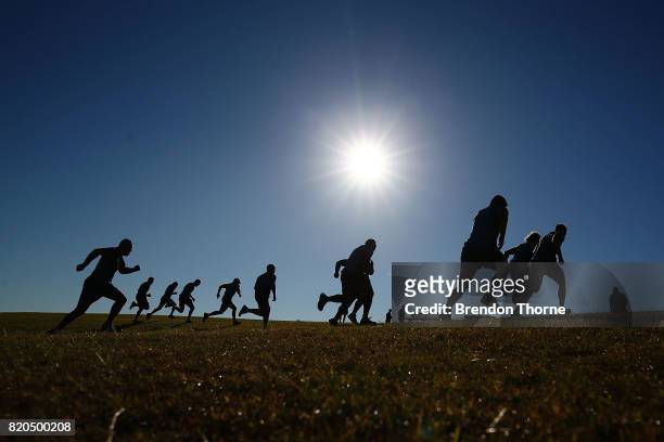 Wallabies players run during a Wallabies hills training session on July 22, 2017 in Sydney, Australia.