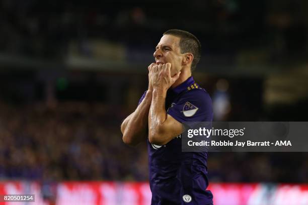 Will Johnson of Orlando City reacts during the MLS match between Atlanta United and Orlando City at Orlando City Stadium on July 21, 2017 in Orlando,...