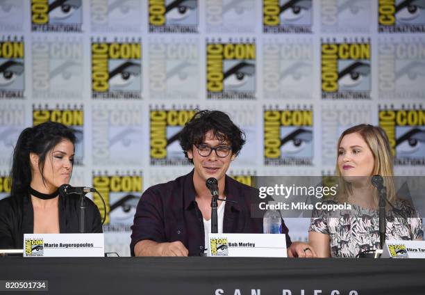 Marie Avgeropoulos, Bob Morley and Eliza Taylor speak onstage at Comic-Con International 2017 "The 100" panel at San Diego Convention Center on July...
