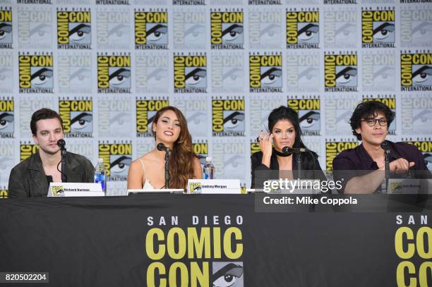 Richard Harmon, Lindsey Morgan, Marie Avgeropoulos and Bob Morley speak onstage at Comic-Con International 2017 "The 100" panel at San Diego...